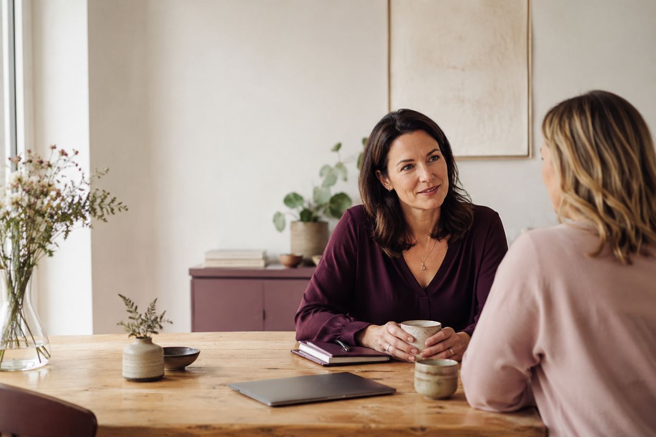 A birth worker business mentoring conversation at a table